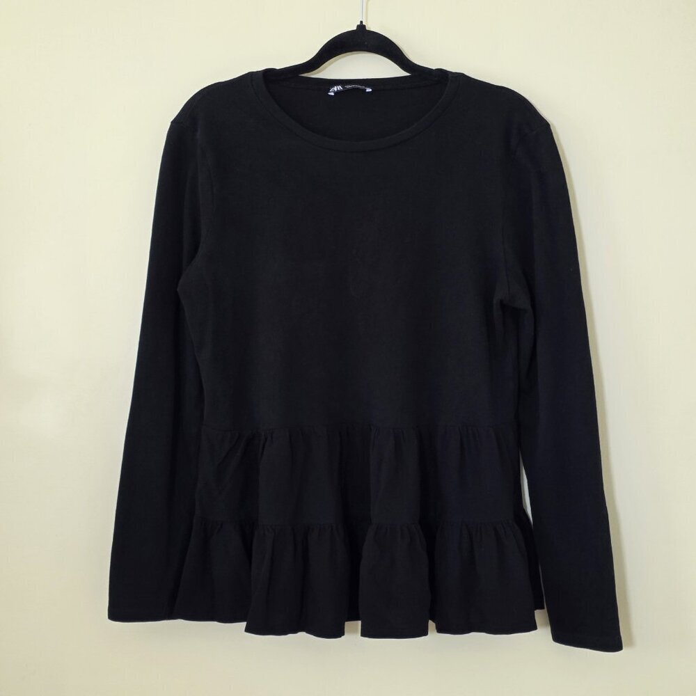 Zara Tunic Womens L Black LS Monochrome Knit Top Tiered Hem Goth Lagenlook Boho